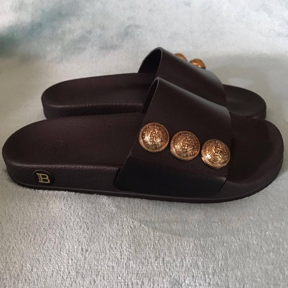 Balmain Symi Leather Button Slides